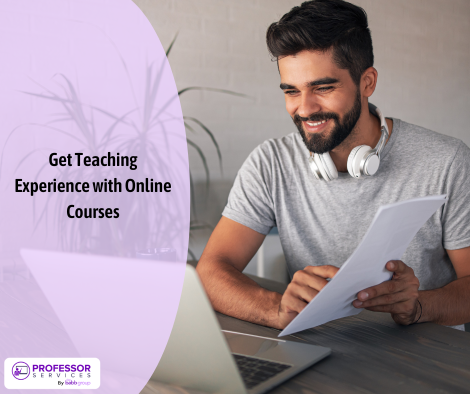 image of a man with headphones looking at a laptop as though he is talking to someone while pointing at paper. text: Get Teaching Experience with Online Courses