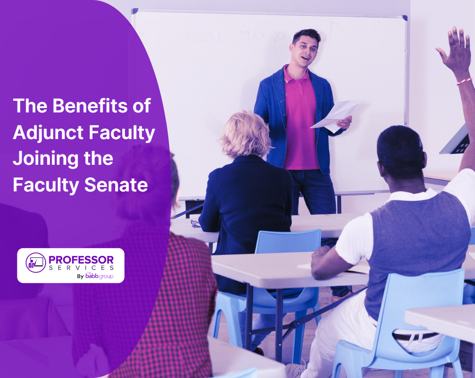 Image of a teacher in front of a classroom with adult learners. The text says: The benefits of adjunct faculty joining the faculty senate