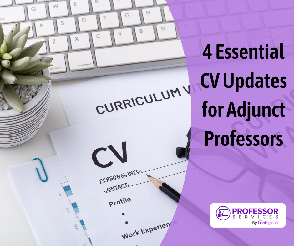 4 Essential CV Updates for Adjunct Professors with an image of a CV on a desk with a succulent plant, keyboard, and pencil.