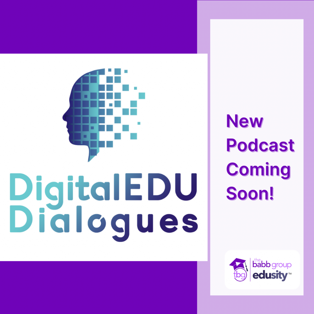 Image of the DigitalEDU Dialogues podcast logo which is a pixelated human head. Text: New podcast coming soon.