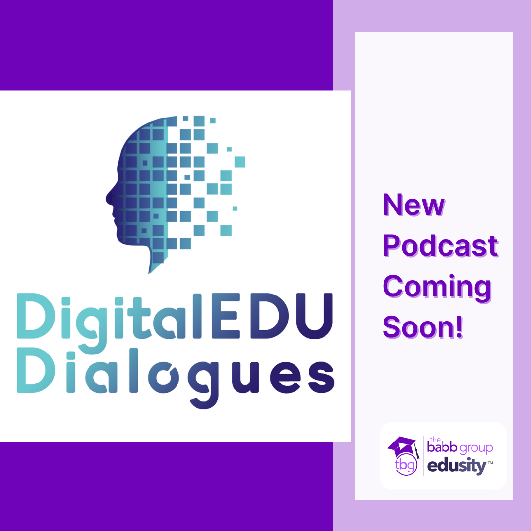 Image of the DigitalEDU Dialogues podcast logo which is a pixelated human head. Text: New podcast coming soon.