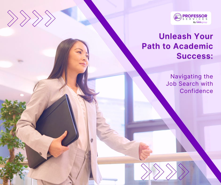 Image of a female in a suit with a briefcase walking. The text says: Unleash your path to academic career success: Navigating the career search with confidence.