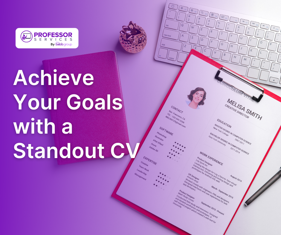 Achieve your goals with a standout CV with an image of a CV on a clipboard.